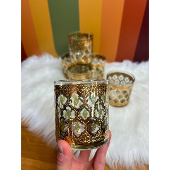 Valencia green gold filigree design by Culver whisky glasses - Picture 3 of 10